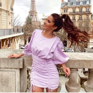 NWT Zara Gingham Check Puff Sleeve Lilac Mini Dress Ruched Hem Purple Blogger M